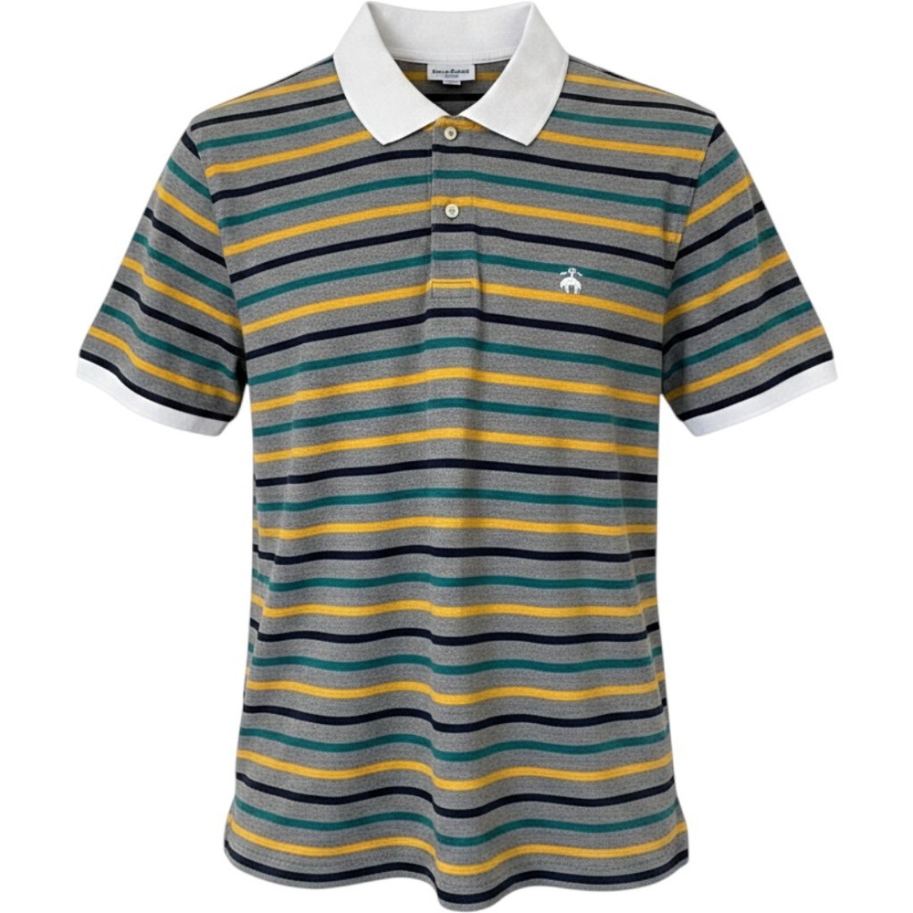 Brooks Brothers Mens XL Slim Fit Striped Cotton Polo Shirt Grey Yellow Teal 1818